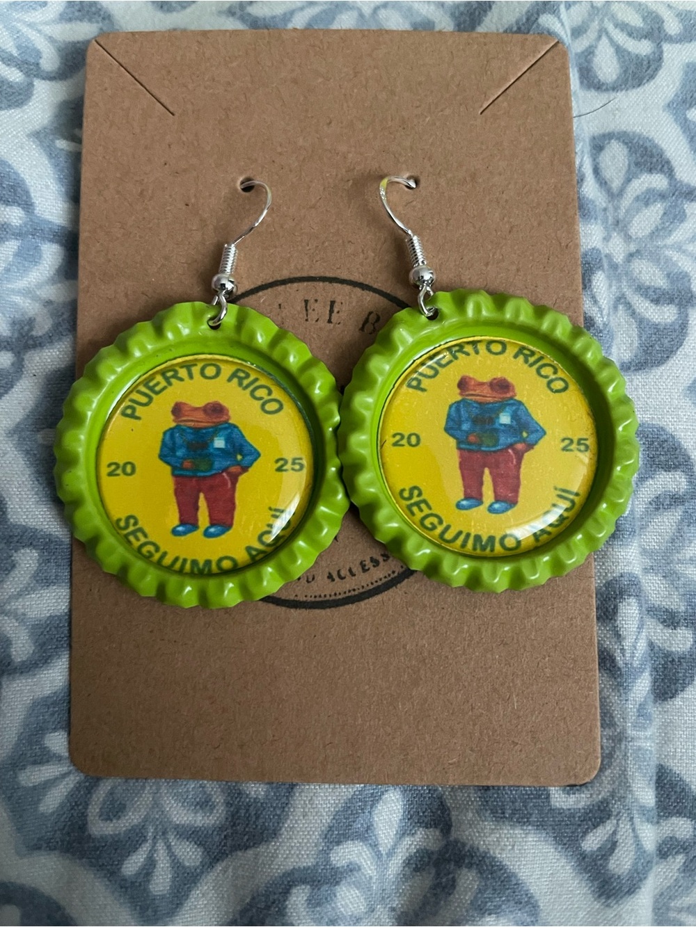Bad Bunny inspired Puerto Rico Green Bottle Cap Earrings - Folk Figure